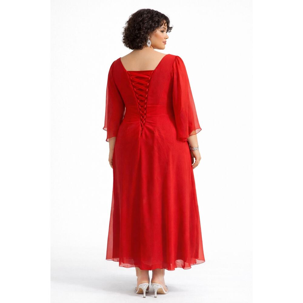 Plus Size Red Chiffon Evening Dress Rhinestone Waist Formal Gown 20W - Picture 2 of 2